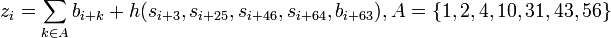 ~z_{i} = \sum_{k \in A}b_{i+k} + h, A = \{1, 2, 4, 10, 31, 43, 56 \} 