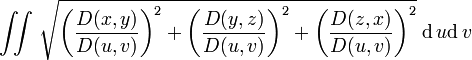 \iint\,\sqrt{\left}{D}\right)^2+\left}{D}\right)^2+\left}{D}\right)^2}\;\mathrm{d}\,u\mathrm{d}\,v