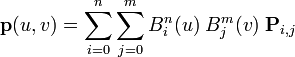 \mathbf{p} = \sum_{i=0}^n \sum_{j=0}^m B_i^n \; B_j^m \; \mathbf{P}_{i,j}